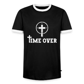 Jesus Christ Is Coming Soon - Time Is Over - Men's Ringer Shirt - black/white - Front - AI Model Female 172 light (172cm) & AI Model Male 178 light (178cm)