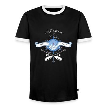 Sail Design - Travel - Shipping - Sailboat - Men's Ringer Shirt - black/white - Front - AI Model Female 172 light (172cm) & AI Model Male 178 light (178cm)