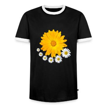 orange blooming marigold daisy flower floral - Men's Ringer Shirt - black/white - Front - AI Model Female 172 light (172cm) & AI Model Male 178 light (178cm)