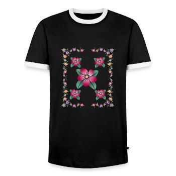 Flower meadow, flower tendril, colorful floral pattern, flower - Men's Ringer Shirt - black/white - Front - AI Model Female 172 light (172cm) & AI Model Male 178 light (178cm)