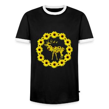 wilder Hirsch mit Sonnenblumen, Sonnenblume blumig - Männer Kontrast-T-Shirt - Schwarz/Weiß - Vorne - AI Model Female 172 light (172cm) & AI Model Male 178 light (178cm)