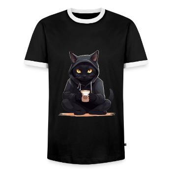 Schwarze Katzen mit Kaffee Becher Getränk Katze - Männer Kontrast-T-Shirt - Schwarz/Weiß - Vorne - AI Model Female 172 light (172cm) & AI Model Male 178 light (178cm)