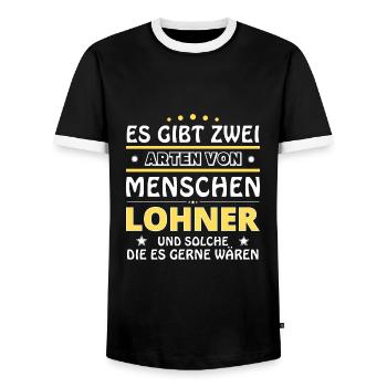 Lohner Gift - Two Types of... Design - Men's Ringer Shirt - black/white - Front - AI Model Female 172 light (172cm) & AI Model Male 178 light (178cm)