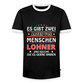 Lohner Gift - Two Types of... Design - Men's Ringer Shirt - black/white - Front - AI Model Female 172 light (172cm) & AI Model Male 178 light (178cm)
