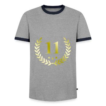 11 Number wreath - Men's Ringer Shirt - grey/navy  - Front - AI Model Female 172 light (172cm) & AI Model Male 178 light (178cm)