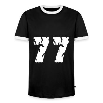 77 Zahl Trikot - Männer Kontrast-T-Shirt - Schwarz/Weiß - Vorne - AI Model Female 172 light (172cm) & AI Model Male 178 light (178cm)
