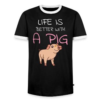 PIG OWNER / PIG FARMER: Life With A Pig - Men's Ringer Shirt - black/white - Front - AI Model Female 172 light (172cm) & AI Model Male 178 light (178cm)