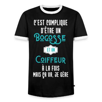 C'est compliqué d'être Bogosse et Coiffeur - T-shirt contrasté Homme - noir/blanc - Devant - AI Model Female 172 light (172cm) & AI Model Male 178 light (178cm)