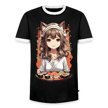 Kawaii Anime Chats Fille Sushi Design - T-shirt contrasté Homme - noir/blanc - Devant - AI Model Female 172 light (172cm) & AI Model Male 178 light (178cm)