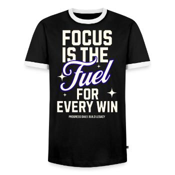 Focus is the Fuel – Motivation für Gewinner - Männer Kontrast-T-Shirt - Schwarz/Weiß - Vorne - AI Model Female 172 light (172cm) & AI Model Male 178 light (178cm)