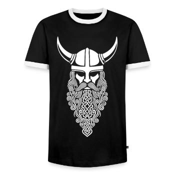 Viking Chief Braided Beard Mascot Norse Helmet - Men's Ringer Shirt - black/white - Front - AI Model Female 172 light (172cm) & AI Model Male 178 light (178cm)