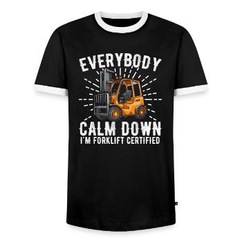 Alle beruhigen sich, ich bin Gabelstapler-zertifiziert - Männer Kontrast-T-Shirt - Schwarz/Weiß - Vorne - AI Model Female 172 light (172cm) & AI Model Male 178 light (178cm)