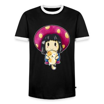 Pilzkopf Mädchen und Katze Niedliche Kawaii Anime - Männer Kontrast-T-Shirt - Schwarz/Weiß - Vorne - AI Model Female 172 light (172cm) & AI Model Male 178 light (178cm)