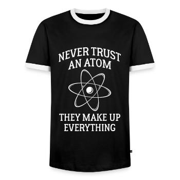 Never Trust An Atom They Make Up Everything - Men's Ringer Shirt - black/white - Front - AI Model Female 172 light (172cm) & AI Model Male 178 light (178cm)