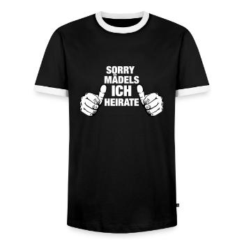 JGA_thumbs_ich heirate - Männer Kontrast-T-Shirt - Schwarz/Weiß - Vorne - AI Model Female 172 light (172cm) & AI Model Male 178 light (178cm)
