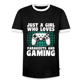 Gamer and Parakeets: Video Games and Colorful Adventure - Men's Ringer Shirt - black/white - Front - AI Model Female 172 light (172cm) & AI Model Male 178 light (178cm)