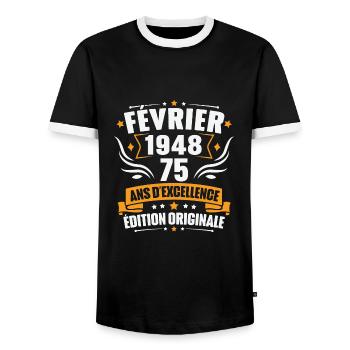 Vintage Cadeau Février 1948, 75 Ans Anniversaire - T-shirt contrasté Homme - noir/blanc - Devant - AI Model Female 172 light (172cm) & AI Model Male 178 light (178cm)