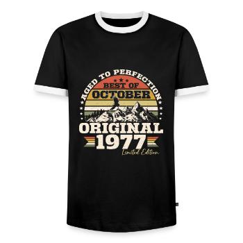 Octobre 1977 Cadeau d’anniversaire de naissance - T-shirt contrasté Homme - noir/blanc - Devant - AI Model Female 172 light (172cm) & AI Model Male 178 light (178cm)