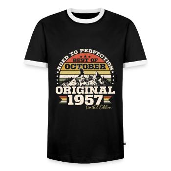 Octobre 1957 Cadeau d’anniversaire de naissance - T-shirt contrasté Homme - noir/blanc - Devant - AI Model Female 172 light (172cm) & AI Model Male 178 light (178cm)