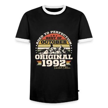 Octobre 1992 Cadeau d’anniversaire de naissance - T-shirt contrasté Homme - noir/blanc - Devant - AI Model Female 172 light (172cm) & AI Model Male 178 light (178cm)