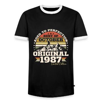 Octobre 1987 Cadeau d’anniversaire de naissance - T-shirt contrasté Homme - noir/blanc - Devant - AI Model Female 172 light (172cm) & AI Model Male 178 light (178cm)