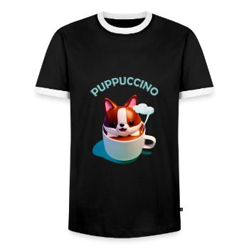 Puppuccino tshirt dog cute coffee - Men's Ringer Shirt - black/white - Front - AI Model Female 172 light (172cm) & AI Model Male 178 light (178cm)