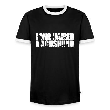 LONG HAIRED Dachshund Hunting Dog Wilsigns Hunting Dogs - Men's Ringer Shirt - black/white - Front - AI Model Female 172 light (172cm) & AI Model Male 178 light (178cm)