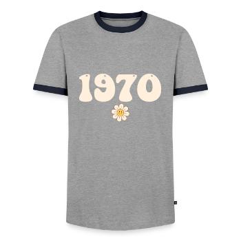 1970 - Cadeau né en 1970 - T-shirt contrasté Homme - gris/marine  - Devant - AI Model Female 172 light (172cm) & AI Model Male 178 light (178cm)