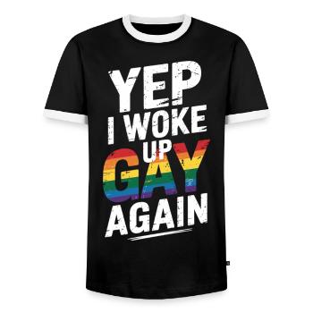LGBTQ Slogan Shirt – Wake Up Gay - Men's Ringer Shirt - black/white - Front - AI Model Female 172 light (172cm) & AI Model Male 178 light (178cm)