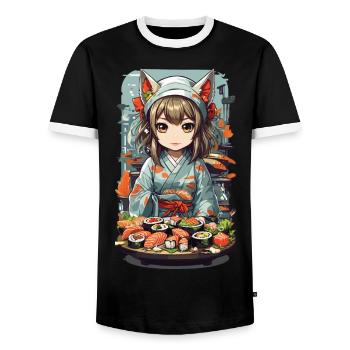 Kawaii Anime Sushi Meisterin mit Katzenohren - Männer Kontrast-T-Shirt - Schwarz/Weiß - Vorne - AI Model Female 172 light (172cm) & AI Model Male 178 light (178cm)
