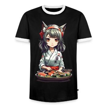 Kawaii Anime Sushi Girl with Cat Ears Design - Men's Ringer Shirt - black/white - Front - AI Model Female 172 light (172cm) & AI Model Male 178 light (178cm)