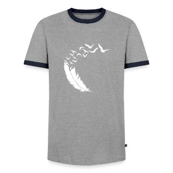 Feder - Vögel - Vogelschwarm - Abstrakte Kunst - Männer Kontrast-T-Shirt - Grau/Navy  - Vorne - AI Model Female 172 light (172cm) & AI Model Male 178 light (178cm)
