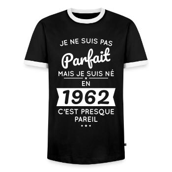 Anniversaire 60 ans - Pas parfait mais né en 1962 - T-shirt contrasté Homme - noir/blanc - Devant - AI Model Female 172 light (172cm) & AI Model Male 178 light (178cm)