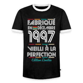 Anniversaire 25 ans - Fabriqué en Décembre 1997 - T-shirt contrasté Homme - noir/blanc - Devant - AI Model Female 172 light (172cm) & AI Model Male 178 light (178cm)