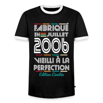 18th Anniversary - Made in July 2006 - Men's Ringer Shirt - black/white - Front - AI Model Female 172 light (172cm) & AI Model Male 178 light (178cm)