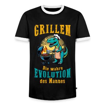 Grillen - Die wahre Evolution des Mannes | Shirt - Männer Kontrast-T-Shirt - Schwarz/Weiß - Vorne - AI Model Female 172 light (172cm) & AI Model Male 178 light (178cm)