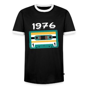 Kassette 1976 Jahrgang Jubiläum 1976 - Männer Kontrast-T-Shirt - Schwarz/Weiß - Vorne - AI Model Female 172 light (172cm) & AI Model Male 178 light (178cm)