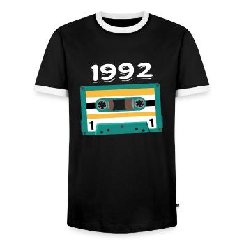 Cassette 1992 Vintage Anniversary 1992 - Men's Ringer Shirt - black/white - Front - AI Model Female 172 light (172cm) & AI Model Male 178 light (178cm)
