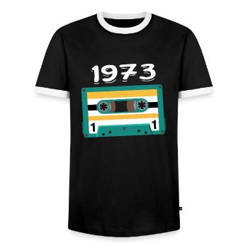 Cassette 1973 Vintage Anniversary 1973 - Men's Ringer Shirt - black/white - Front - AI Model Female 172 light (172cm) & AI Model Male 178 light (178cm)
