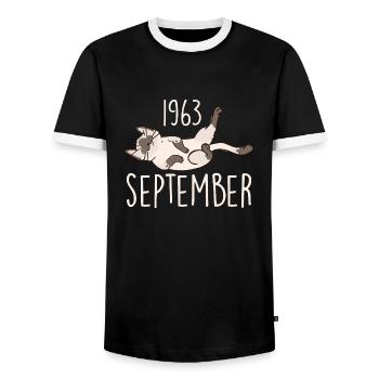 Caption September 1963 Anniversary Gift 1963 - Men's Ringer Shirt - black/white - Front - AI Model Female 172 light (172cm) & AI Model Male 178 light (178cm)