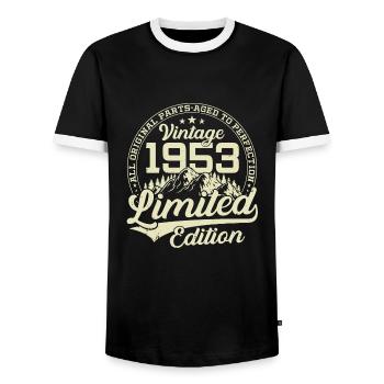 1953 born vintage birthday gift - Men's Ringer Shirt - black/white - Front - AI Model Female 172 light (172cm) & AI Model Male 178 light (178cm)