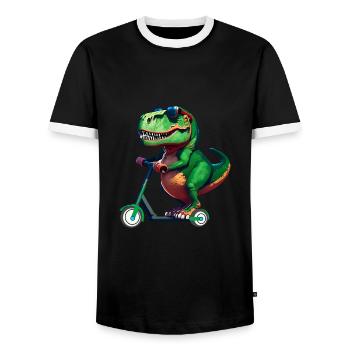 T-Rex Dinosaurier Dino Scooter E-Scooter Stunts - Männer Kontrast-T-Shirt - Schwarz/Weiß - Vorne - AI Model Female 172 light (172cm) & AI Model Male 178 light (178cm)