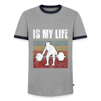 Bodybuilding is my life Bodybuilder GYM weight training - Men's Ringer Shirt - grey/navy  - Front - AI Model Female 172 light (172cm) & AI Model Male 178 light (178cm)