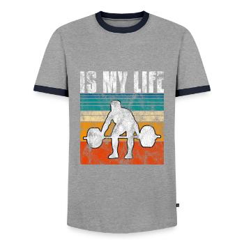 Bodybuilding is my life Bodybuilder GYM weight training - Men's Ringer Shirt - grey/navy  - Front - AI Model Female 172 light (172cm) & AI Model Male 178 light (178cm)