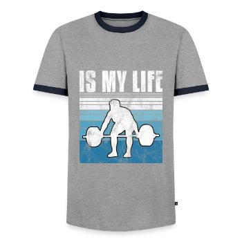 Bodybuilding is my life Bodybuilder GYM weight training - Men's Ringer Shirt - grey/navy  - Front - AI Model Female 172 light (172cm) & AI Model Male 178 light (178cm)