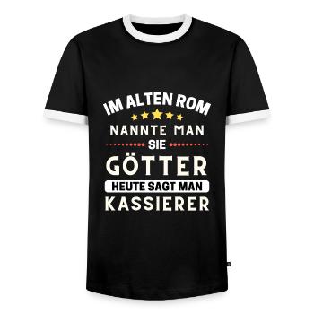 Im alten Rom waren Sie Götter. Heute Kassierer - Männer Kontrast-T-Shirt - Schwarz/Weiß - Vorne - AI Model Female 172 light (172cm) & AI Model Male 178 light (178cm)
