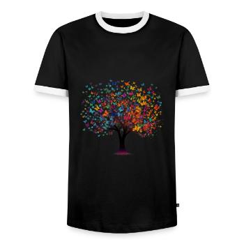 Butterfly Tree Colorful Butterflies Flies - Men's Ringer Shirt - black/white - Front - AI Model Female 172 light (172cm) & AI Model Male 178 light (178cm)