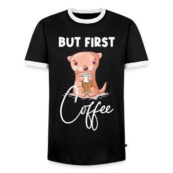 Otter Coffee But First Coffee Animal Saying Funny - Men's Ringer Shirt - black/white - Front - AI Model Female 172 light (172cm) & AI Model Male 178 light (178cm)