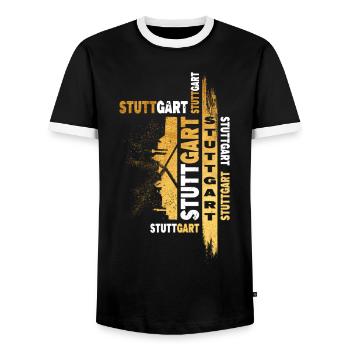 Stuttgart Germany City Skyline Font Gold - Men's Ringer Shirt - black/white - Front - AI Model Female 172 light (172cm) & AI Model Male 178 light (178cm)