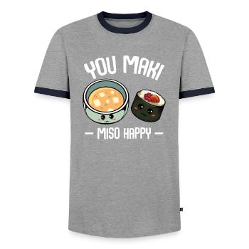 You Maki Miso Happy Sushi Cuisine japonaise - T-shirt contrasté Homme - gris/marine  - Devant - AI Model Female 172 light (172cm) & AI Model Male 178 light (178cm)